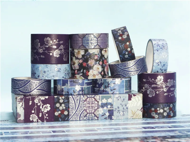 Blue Floral Bronze Washi Tape